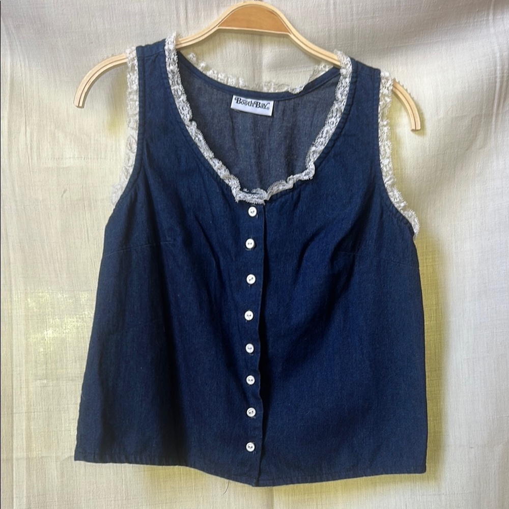 Denim Sleeveless Top with Lace Trim